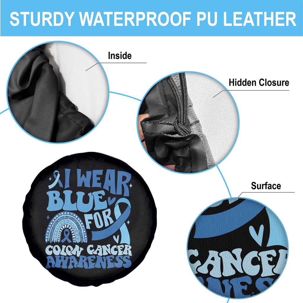 I Wear Blue For Colon Cancer Awareness Spare Tire Cover Rainbow Dark Blue Ribbon