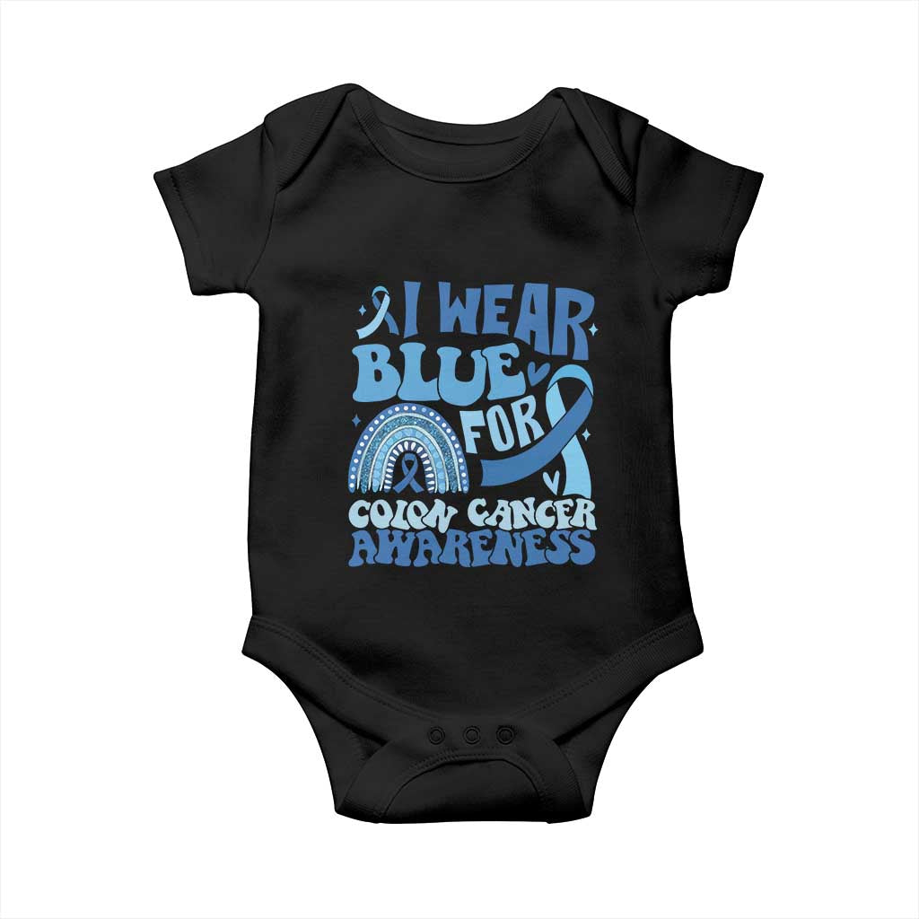 I Wear Blue For Colon Cancer Awareness Baby Onesie Rainbow Dark Blue Ribbon