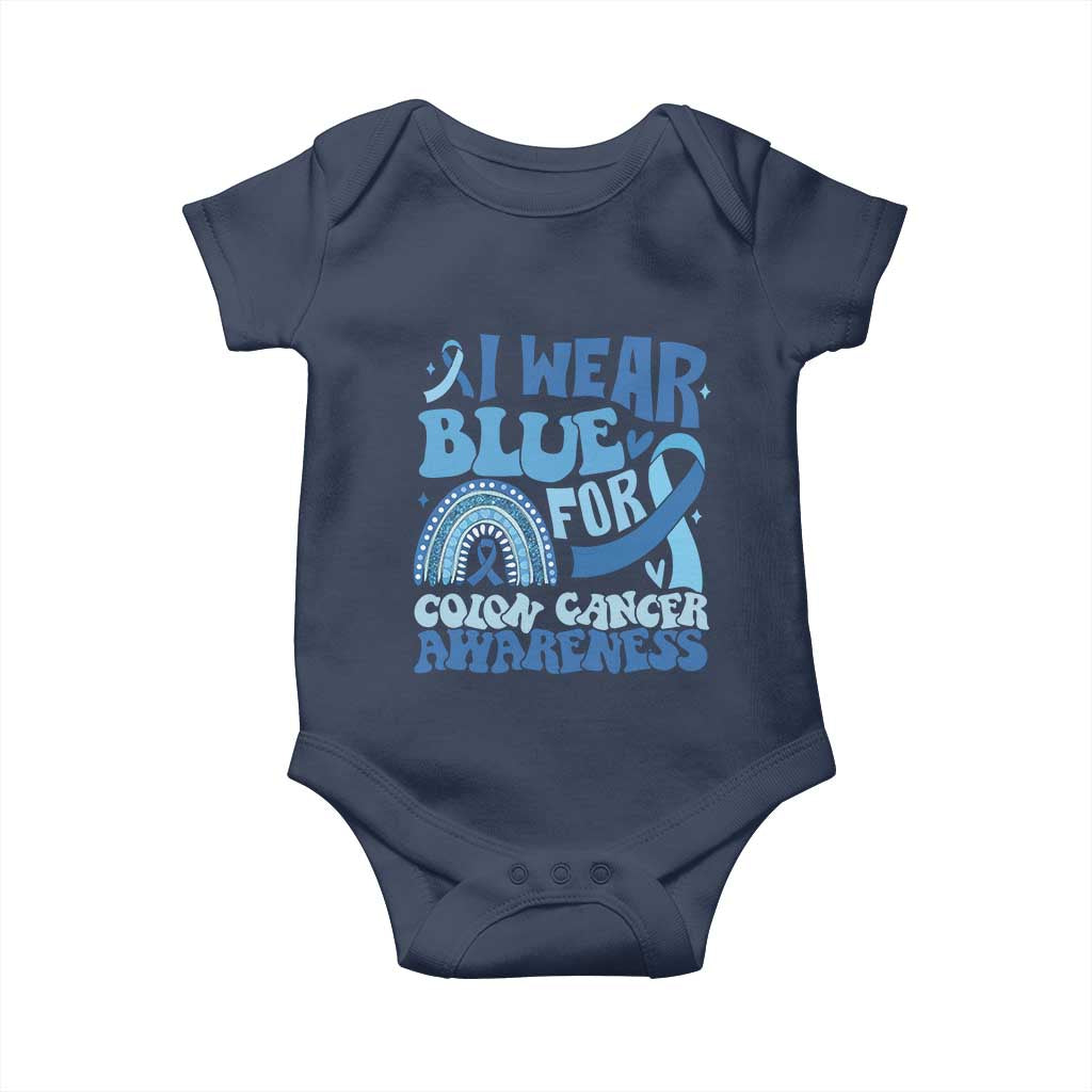 I Wear Blue For Colon Cancer Awareness Baby Onesie Rainbow Dark Blue Ribbon