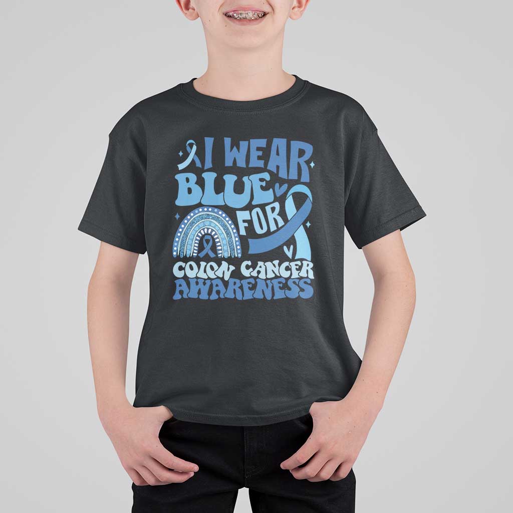 I Wear Blue For Colon Cancer Awareness T Shirt For Kid Rainbow Dark Blue Ribbon