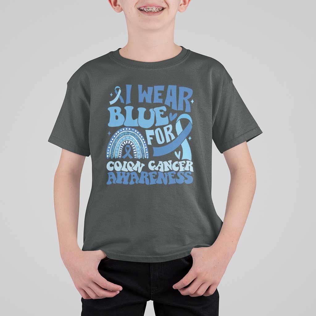 I Wear Blue For Colon Cancer Awareness T Shirt For Kid Rainbow Dark Blue Ribbon