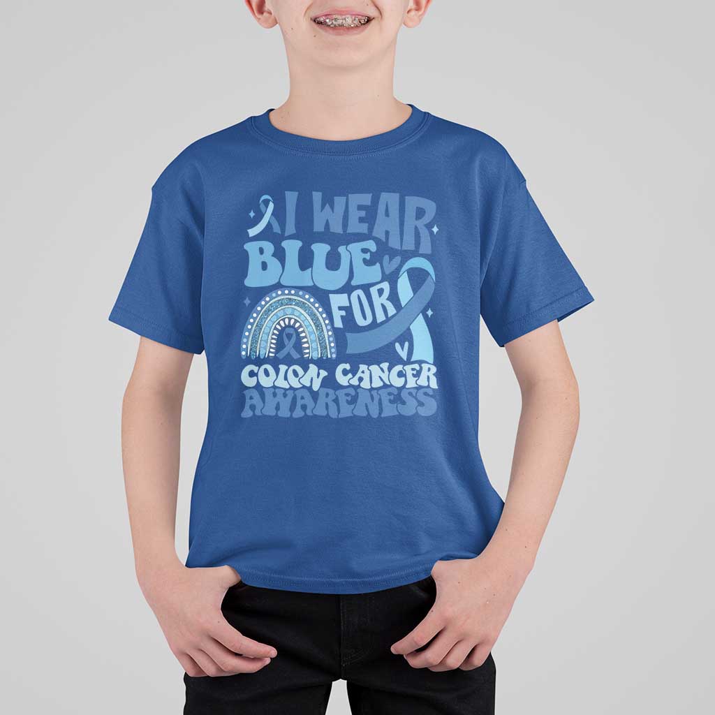 I Wear Blue For Colon Cancer Awareness T Shirt For Kid Rainbow Dark Blue Ribbon