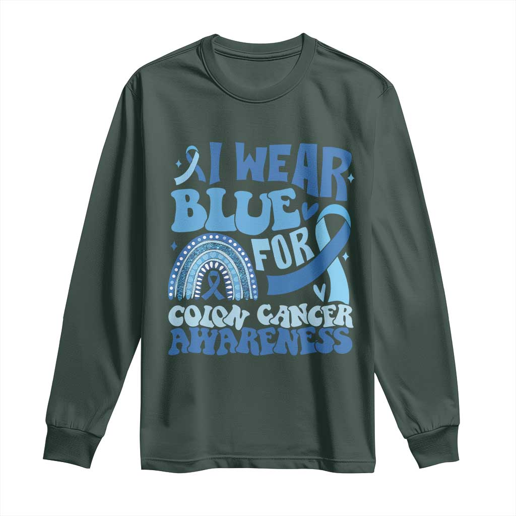 I Wear Blue For Colon Cancer Awareness Long Sleeve Shirt Rainbow Dark Blue Ribbon