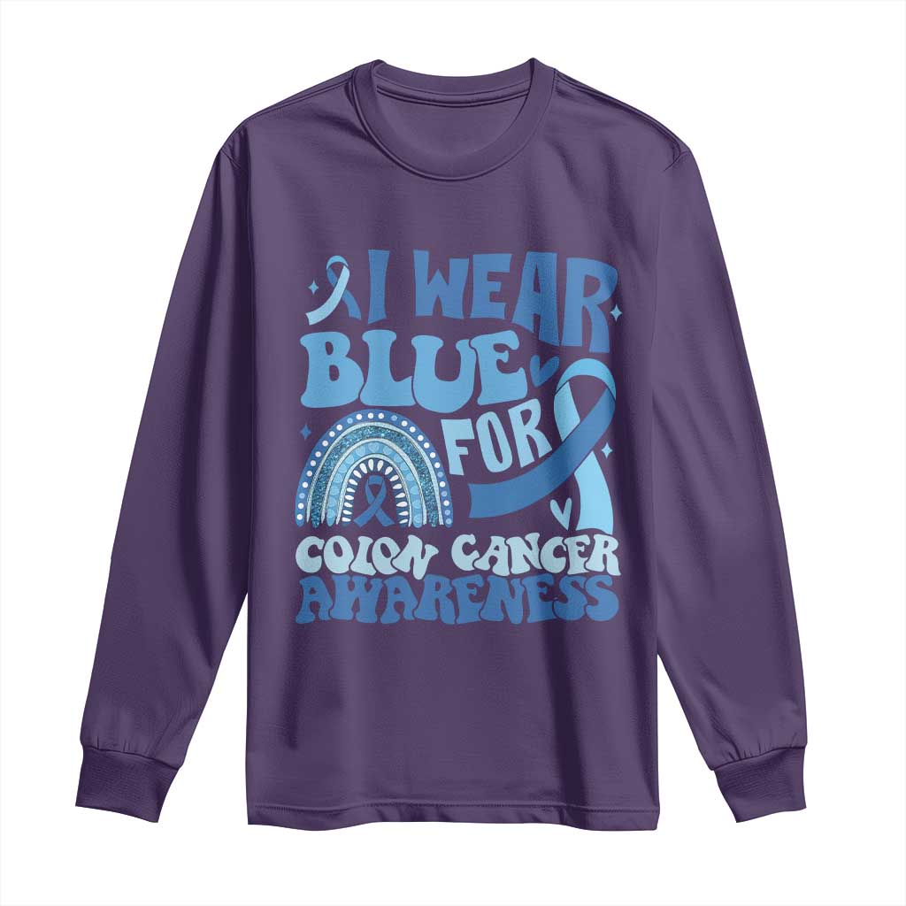 I Wear Blue For Colon Cancer Awareness Long Sleeve Shirt Rainbow Dark Blue Ribbon
