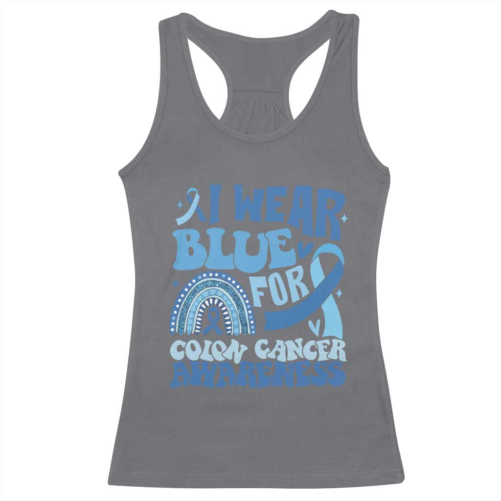 I Wear Blue For Colon Cancer Awareness Racerback Tank Top Rainbow Dark Blue Ribbon