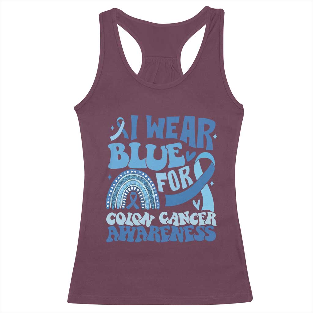 I Wear Blue For Colon Cancer Awareness Racerback Tank Top Rainbow Dark Blue Ribbon