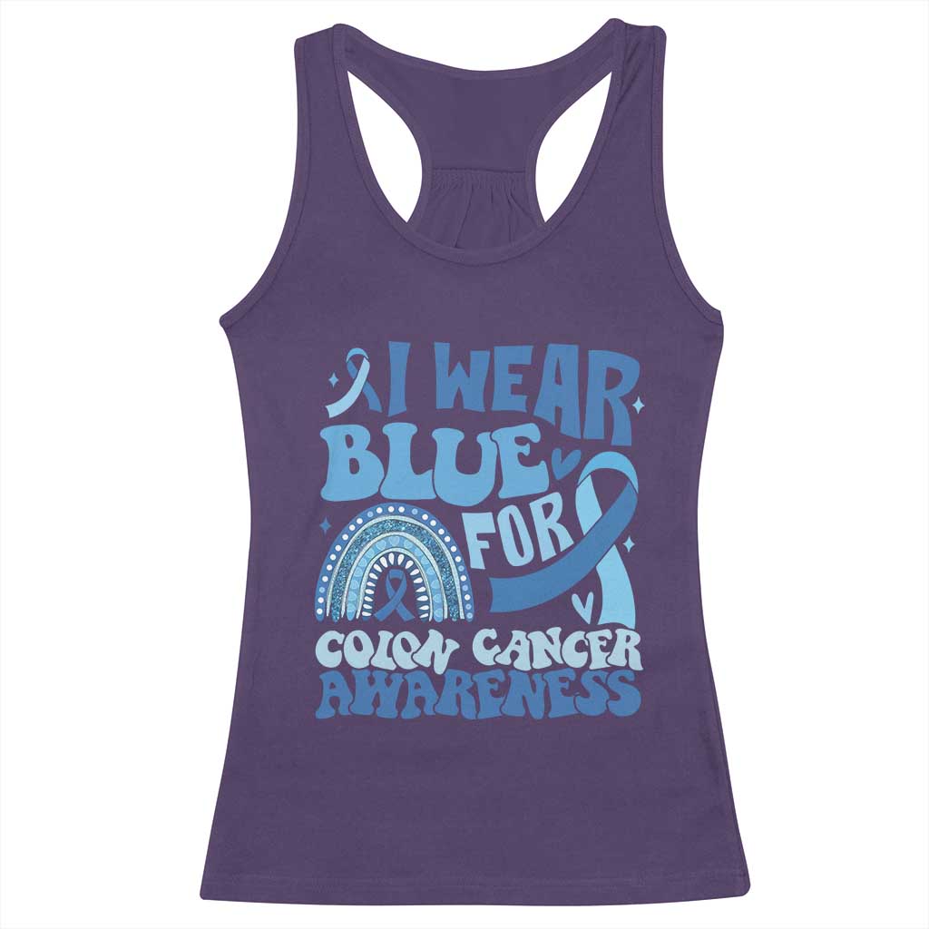 I Wear Blue For Colon Cancer Awareness Racerback Tank Top Rainbow Dark Blue Ribbon