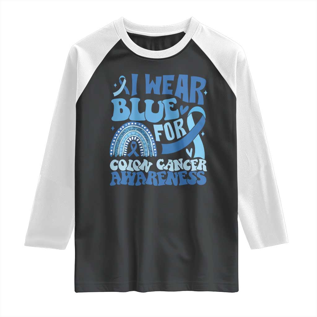 I Wear Blue For Colon Cancer Awareness Raglan Shirt Rainbow Dark Blue Ribbon