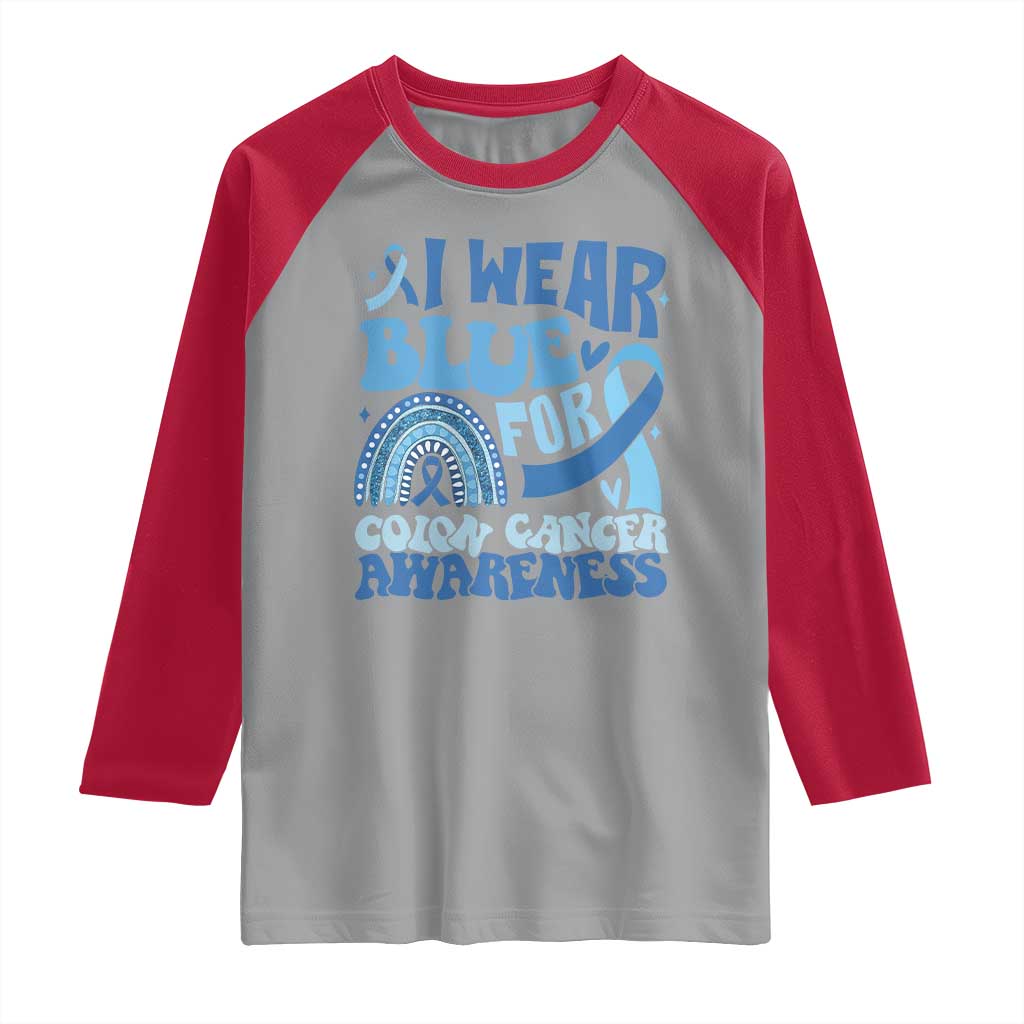 I Wear Blue For Colon Cancer Awareness Raglan Shirt Rainbow Dark Blue Ribbon
