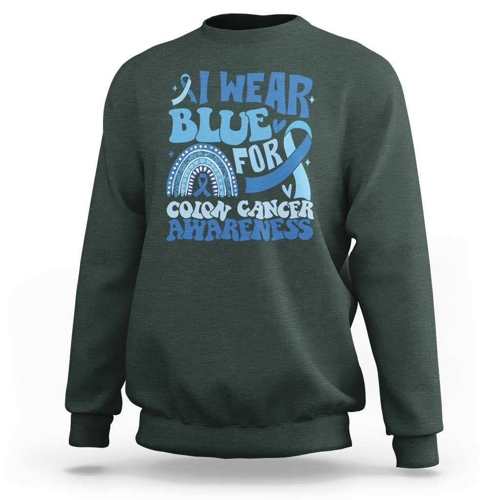 I Wear Blue For Colon Cancer Awareness Sweatshirt Rainbow Dark Blue Ribbon