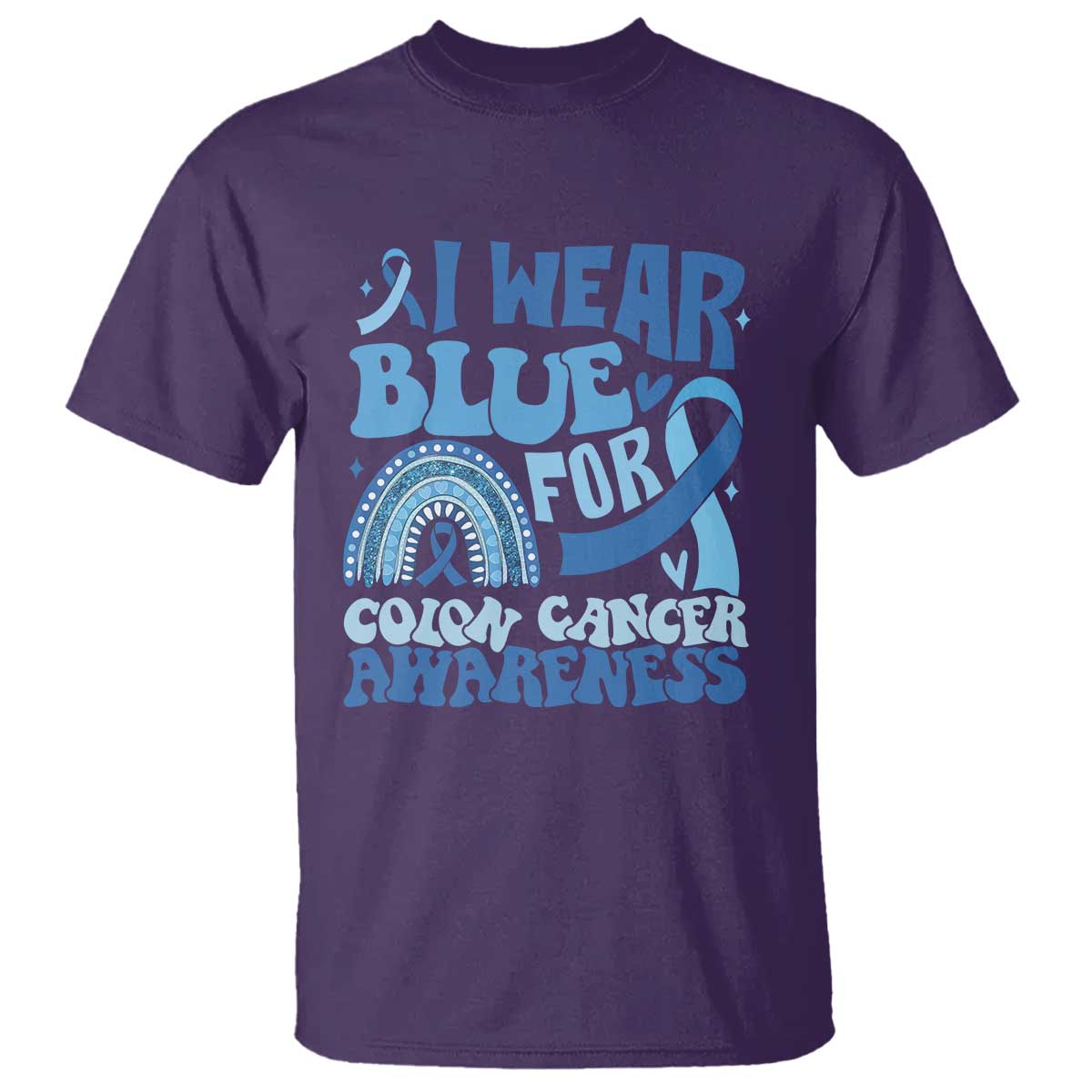 I Wear Blue For Colon Cancer Awareness T Shirt Rainbow Dark Blue Ribbon
