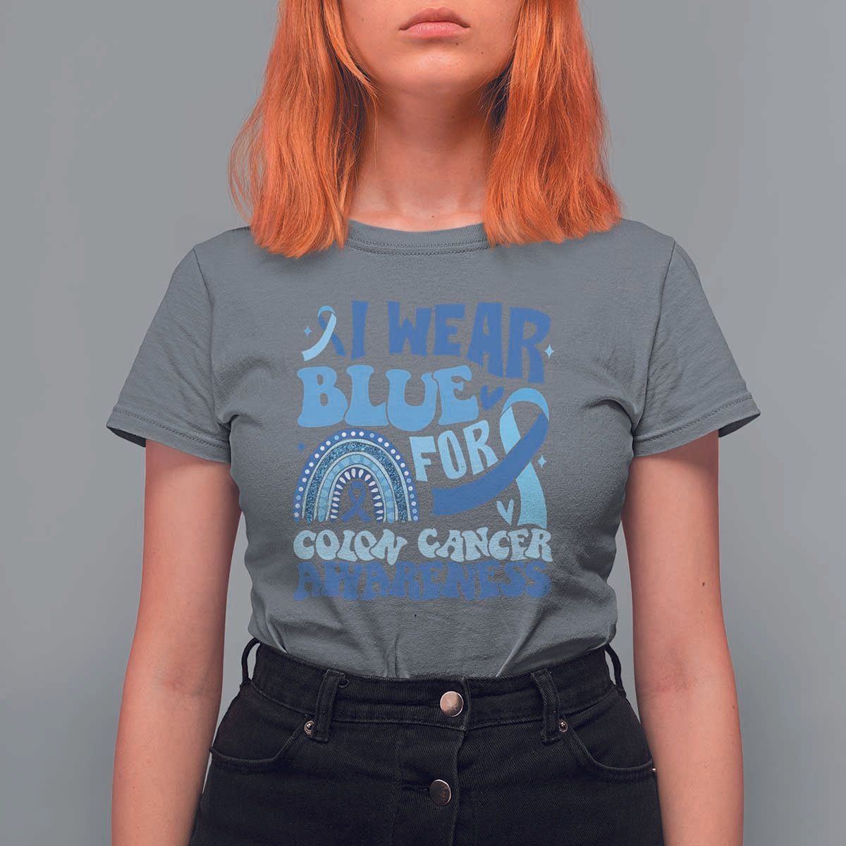 I Wear Blue For Colon Cancer Awareness T Shirt For Women Rainbow Dark Blue Ribbon