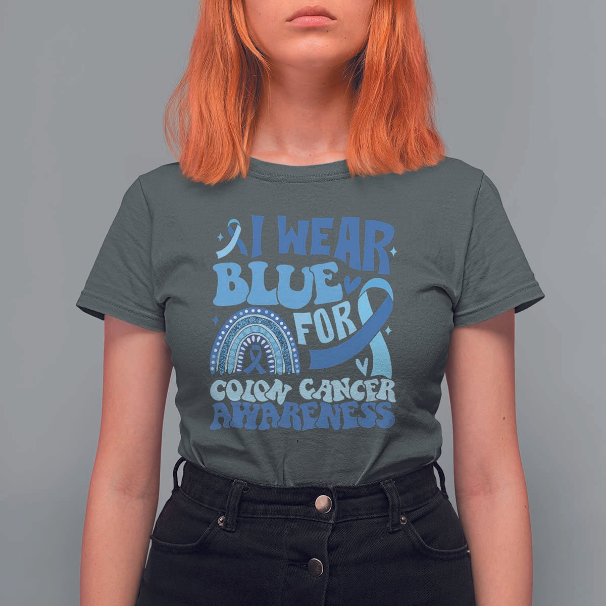 I Wear Blue For Colon Cancer Awareness T Shirt For Women Rainbow Dark Blue Ribbon