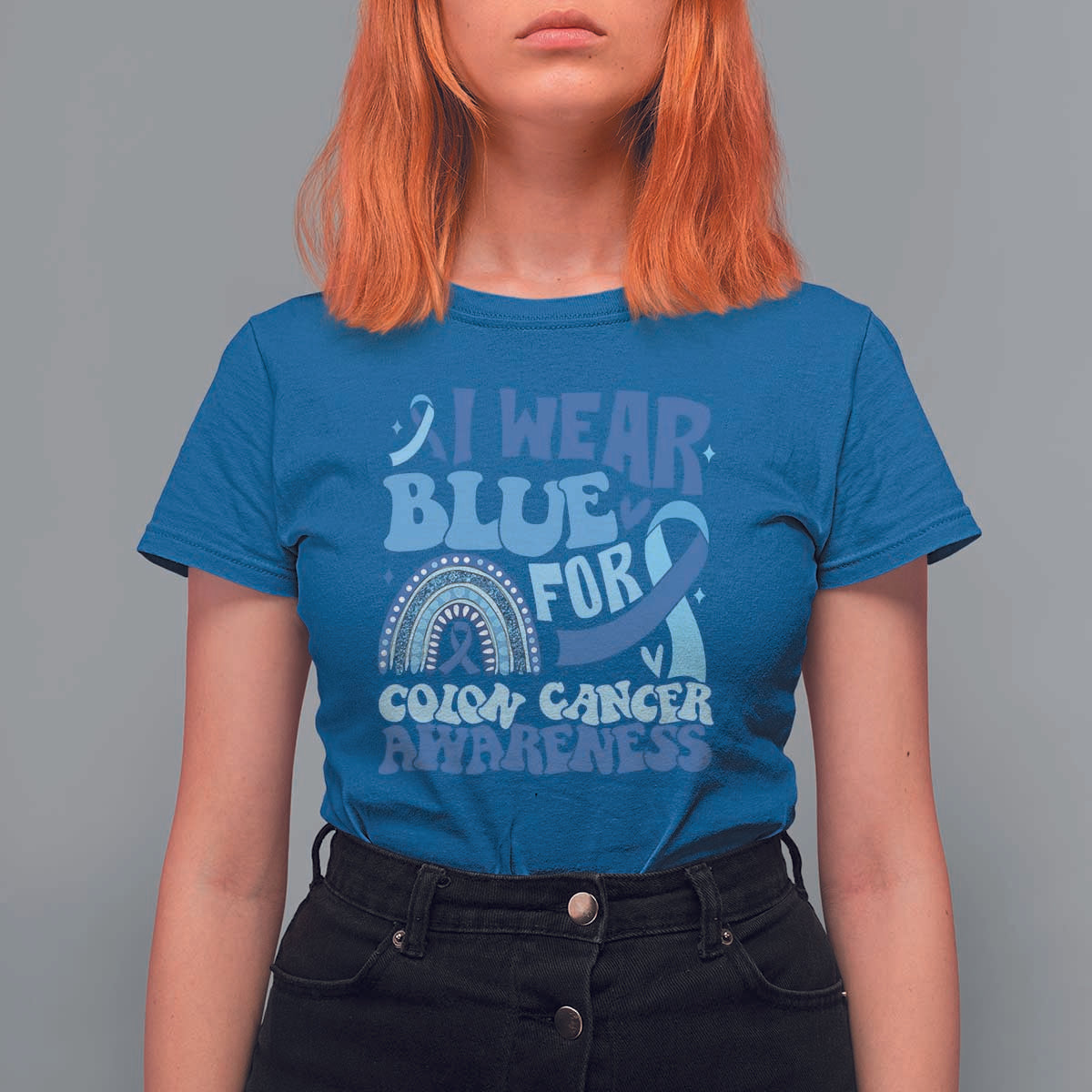 I Wear Blue For Colon Cancer Awareness T Shirt For Women Rainbow Dark Blue Ribbon