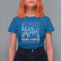 I Wear Blue For Colon Cancer Awareness T Shirt For Women Rainbow Dark Blue Ribbon