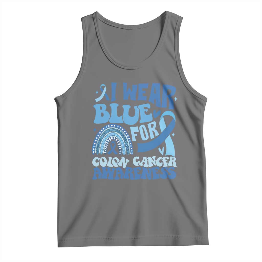 I Wear Blue For Colon Cancer Awareness Tank Top Rainbow Dark Blue Ribbon