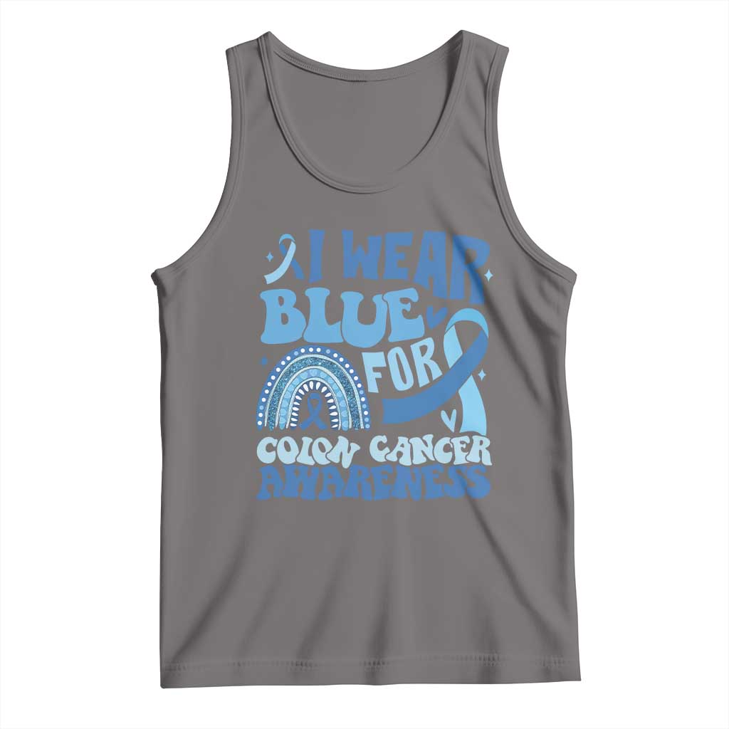 I Wear Blue For Colon Cancer Awareness Tank Top Rainbow Dark Blue Ribbon