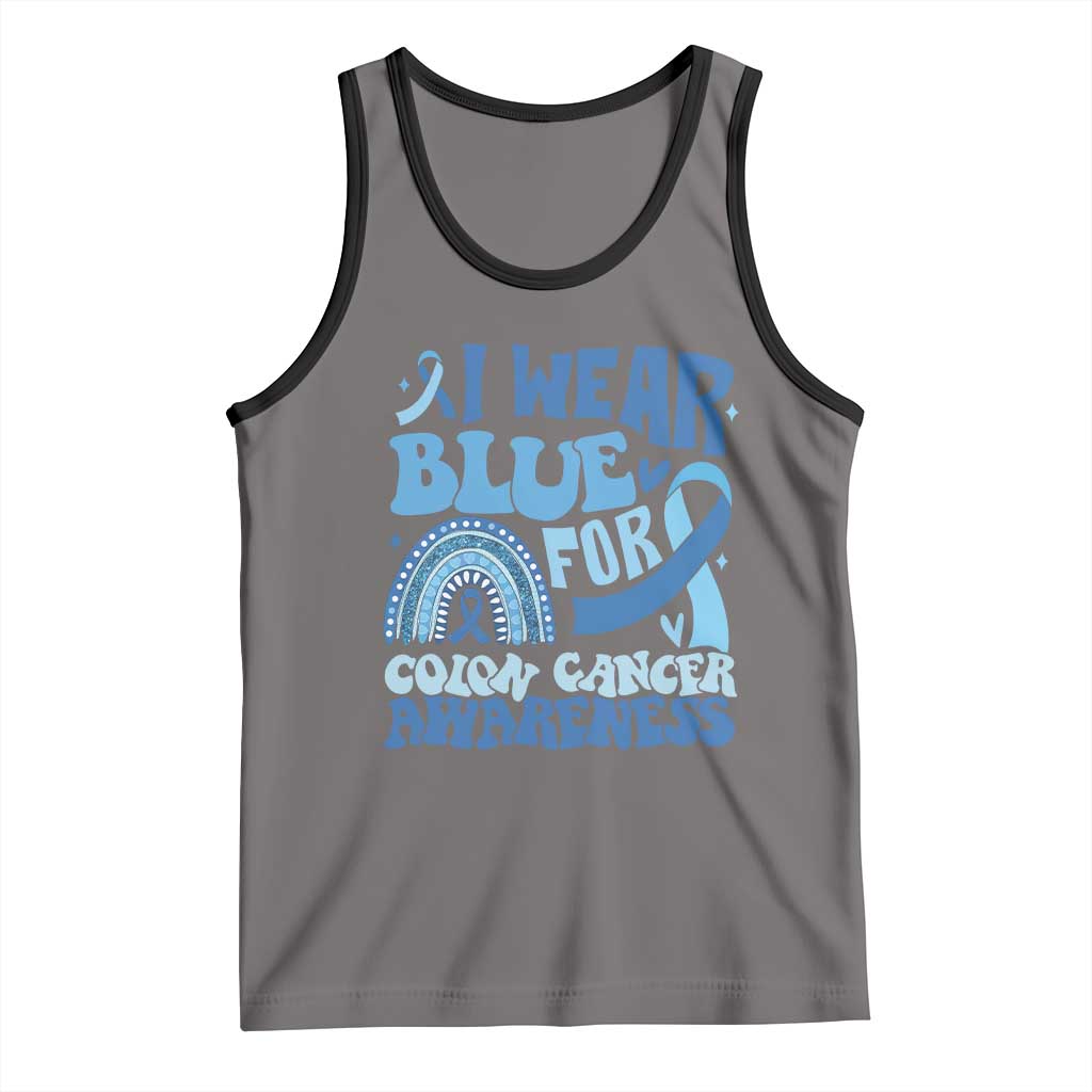 I Wear Blue For Colon Cancer Awareness Tank Top Rainbow Dark Blue Ribbon