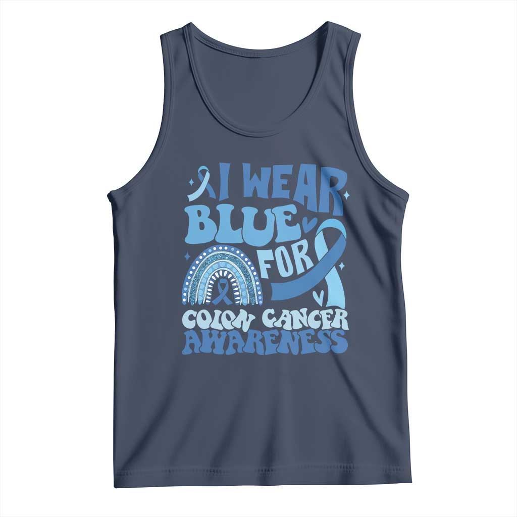 I Wear Blue For Colon Cancer Awareness Tank Top Rainbow Dark Blue Ribbon