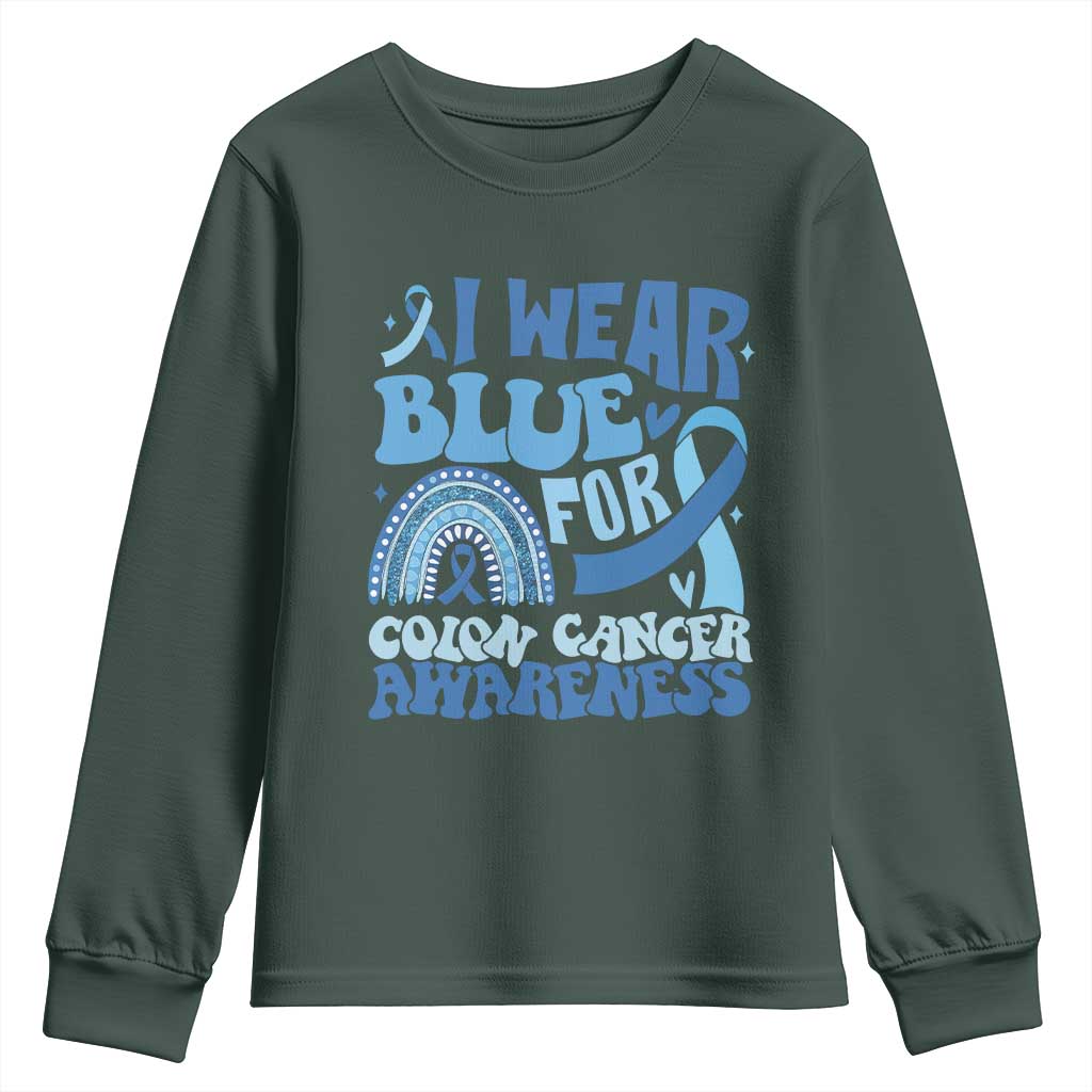 I Wear Blue For Colon Cancer Awareness Youth Sweatshirt Rainbow Dark Blue Ribbon