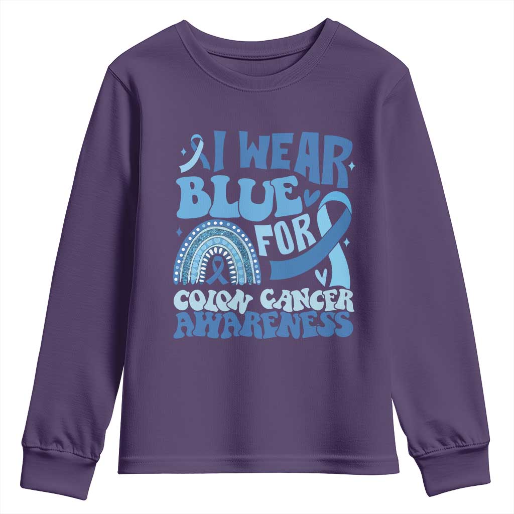 I Wear Blue For Colon Cancer Awareness Youth Sweatshirt Rainbow Dark Blue Ribbon