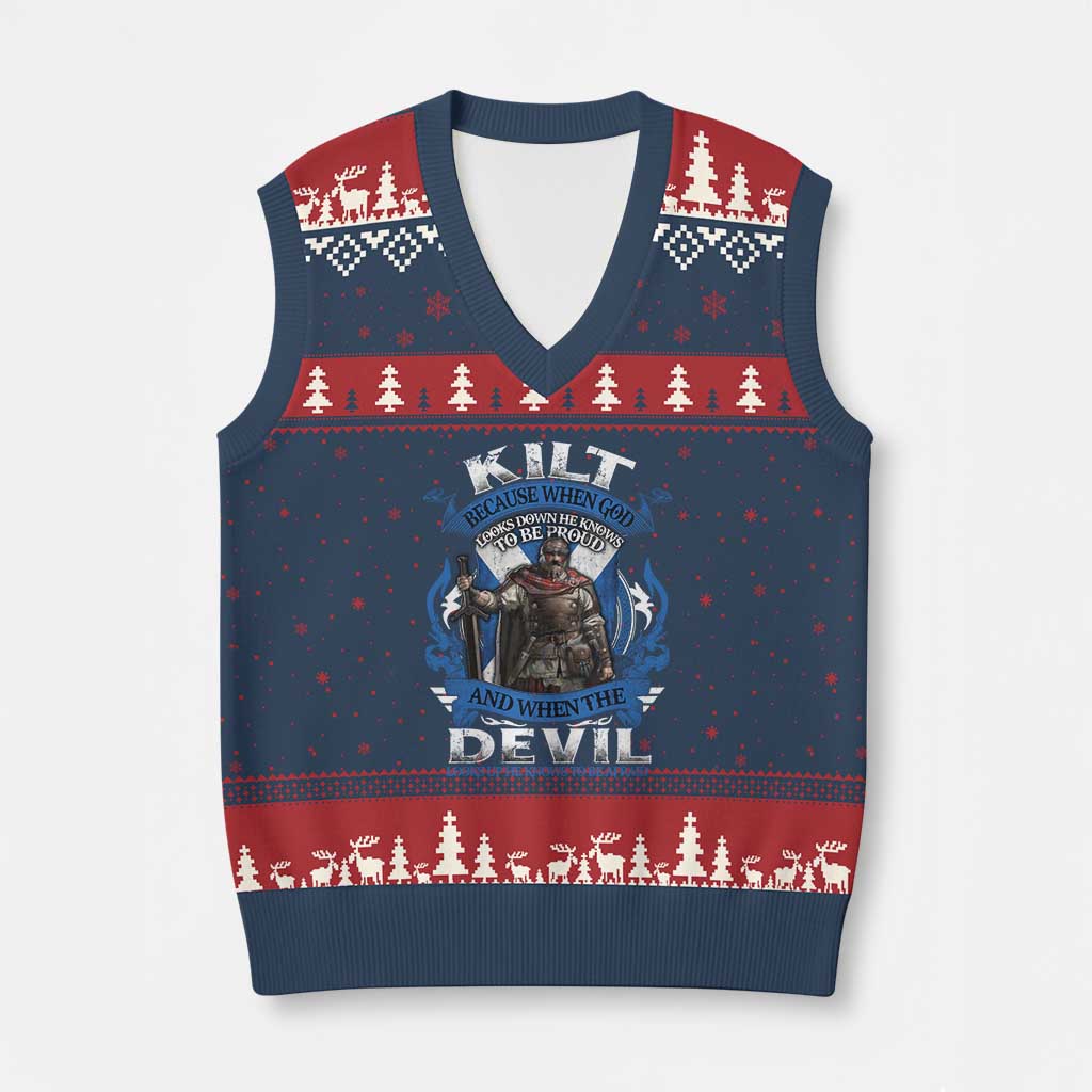 Kilt Because When God Looks Down He Knows To Be Proud And When The Devil Looks Up He Knows To Be Afraid V-Neck Knit Sweater Vest - Wonder Print Shop