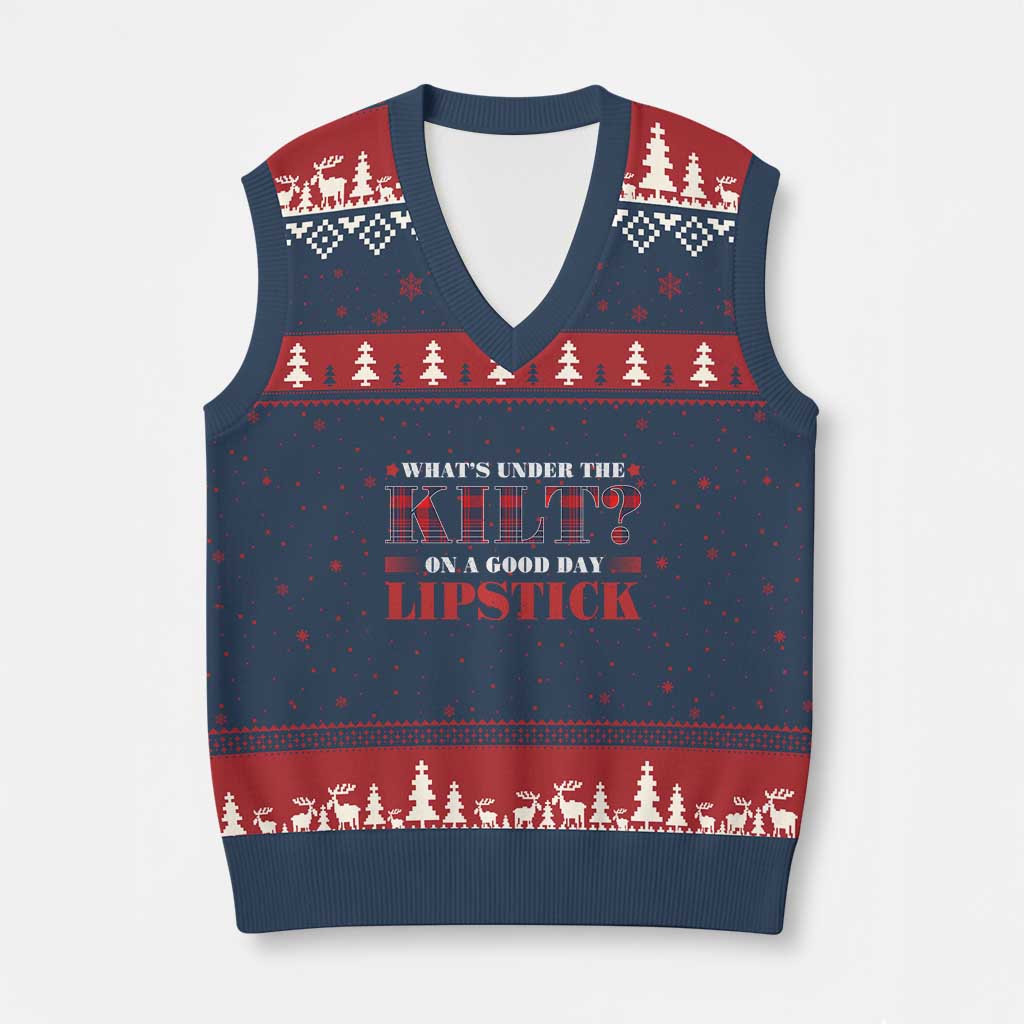 Funny Scottish Pride V-Neck Knit Sweater Vest What's Under The Kilt On A Good Day Lipstick Tartan - Wonder Print Shop