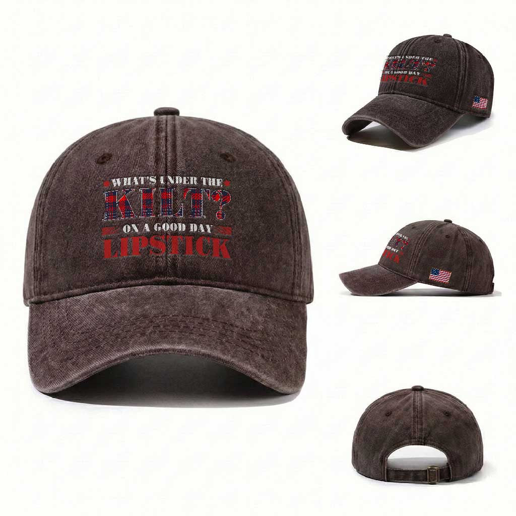 Funny Scottish Pride Washed Cotton Baseball Cap What's Under The Kilt On A Good Day Lipstick Tartan