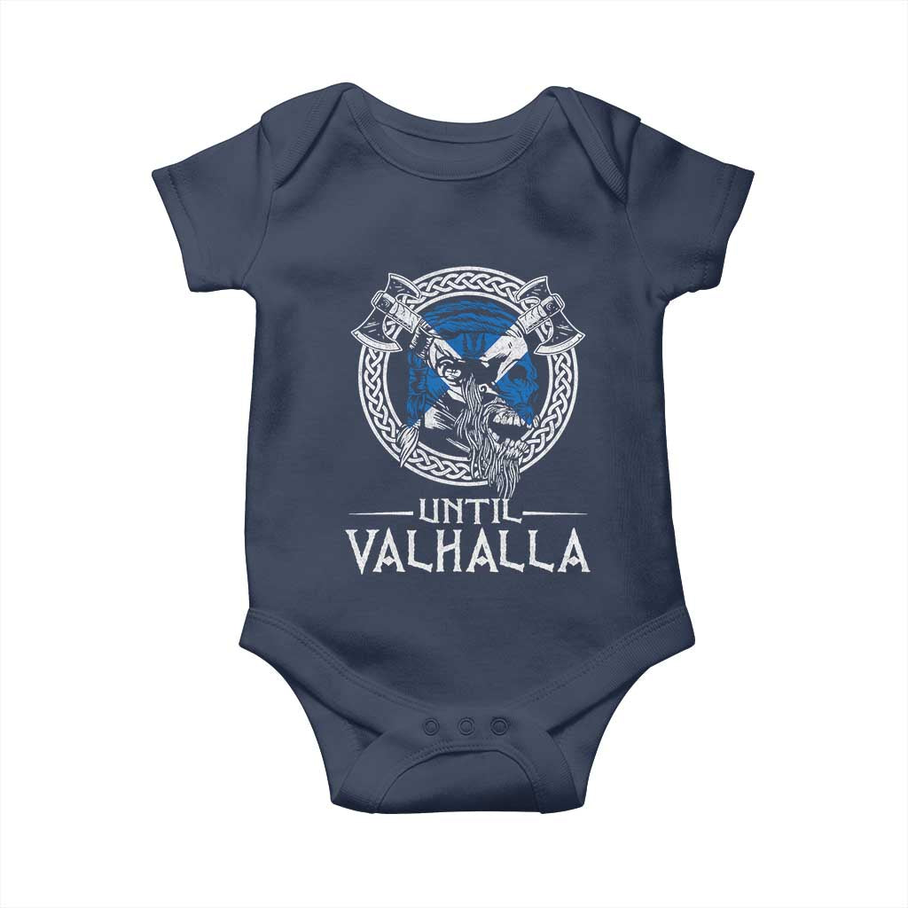 Funny Scottish Viking Baby Onesie Until Valhalla Vintage Scottish Flag Skull
