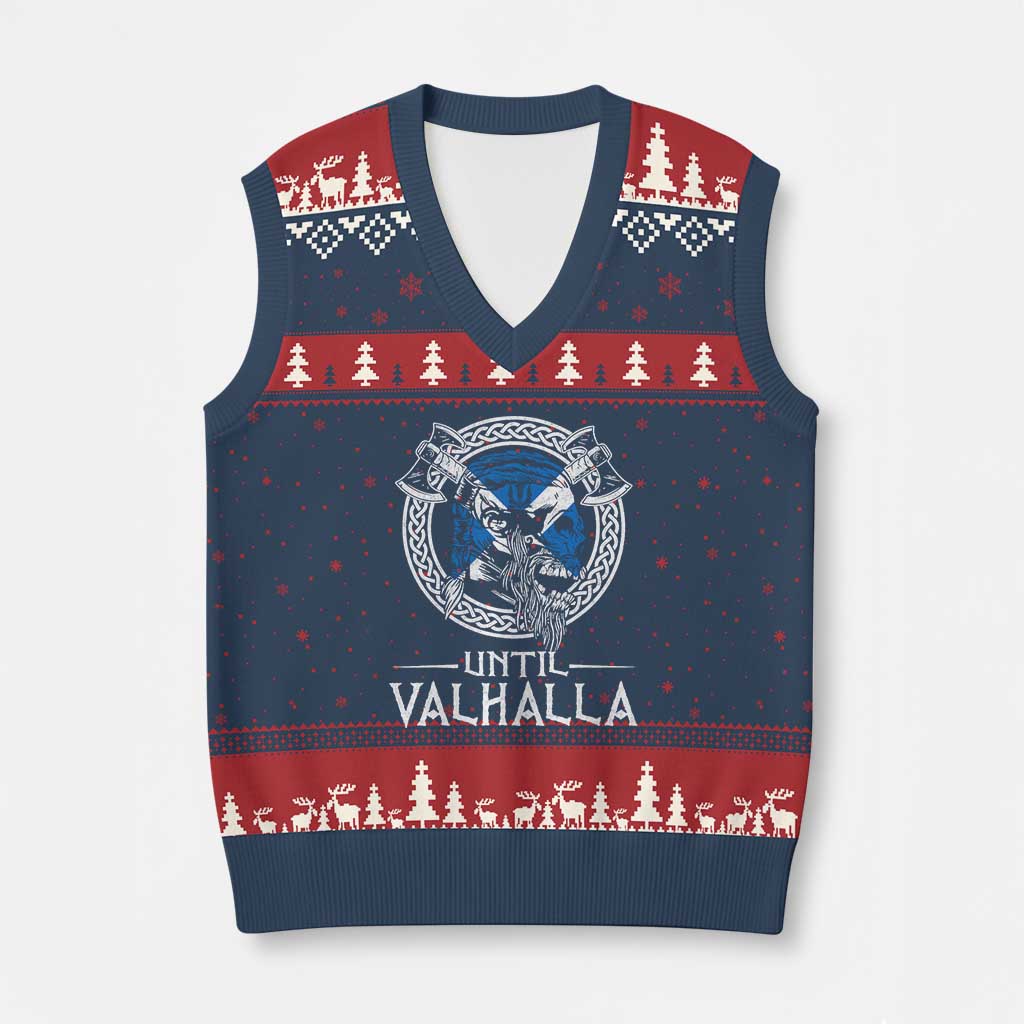 Funny Scottish Viking V-Neck Knit Sweater Vest Until Valhalla Vintage Scottish Flag Skull - Wonder Print Shop