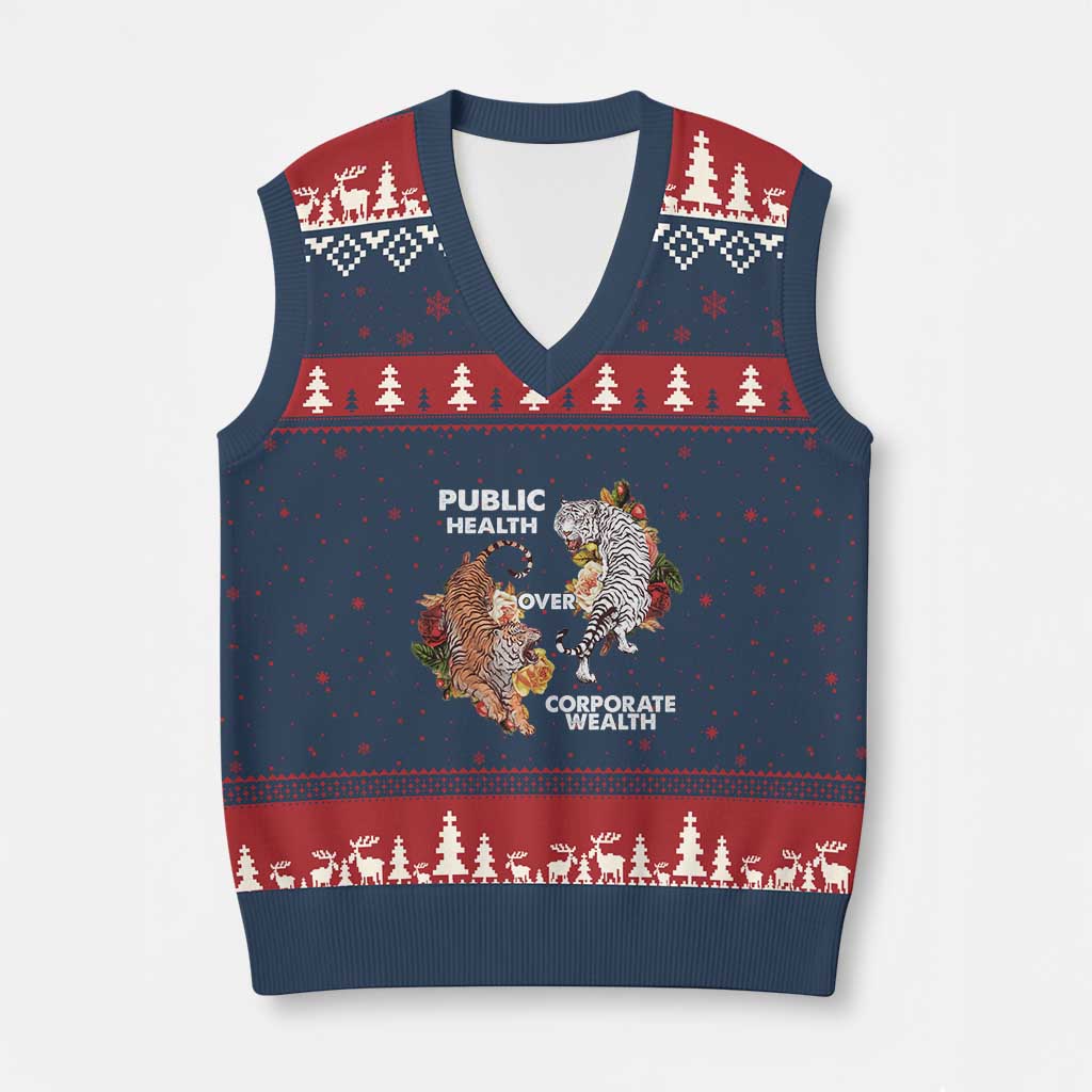 Public Health Over Corporate Wealth V-Neck Knit Sweater Vest Social Justice Tiger - Wonder Print Shop