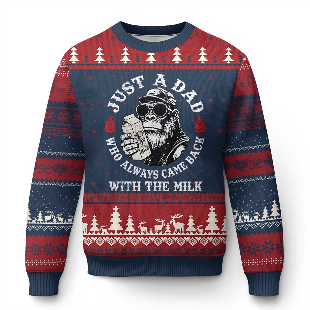 Just A Dad Who Always Came Back With The Milk Funny Bigfoot Father's Day Ugly Christmas Sweater