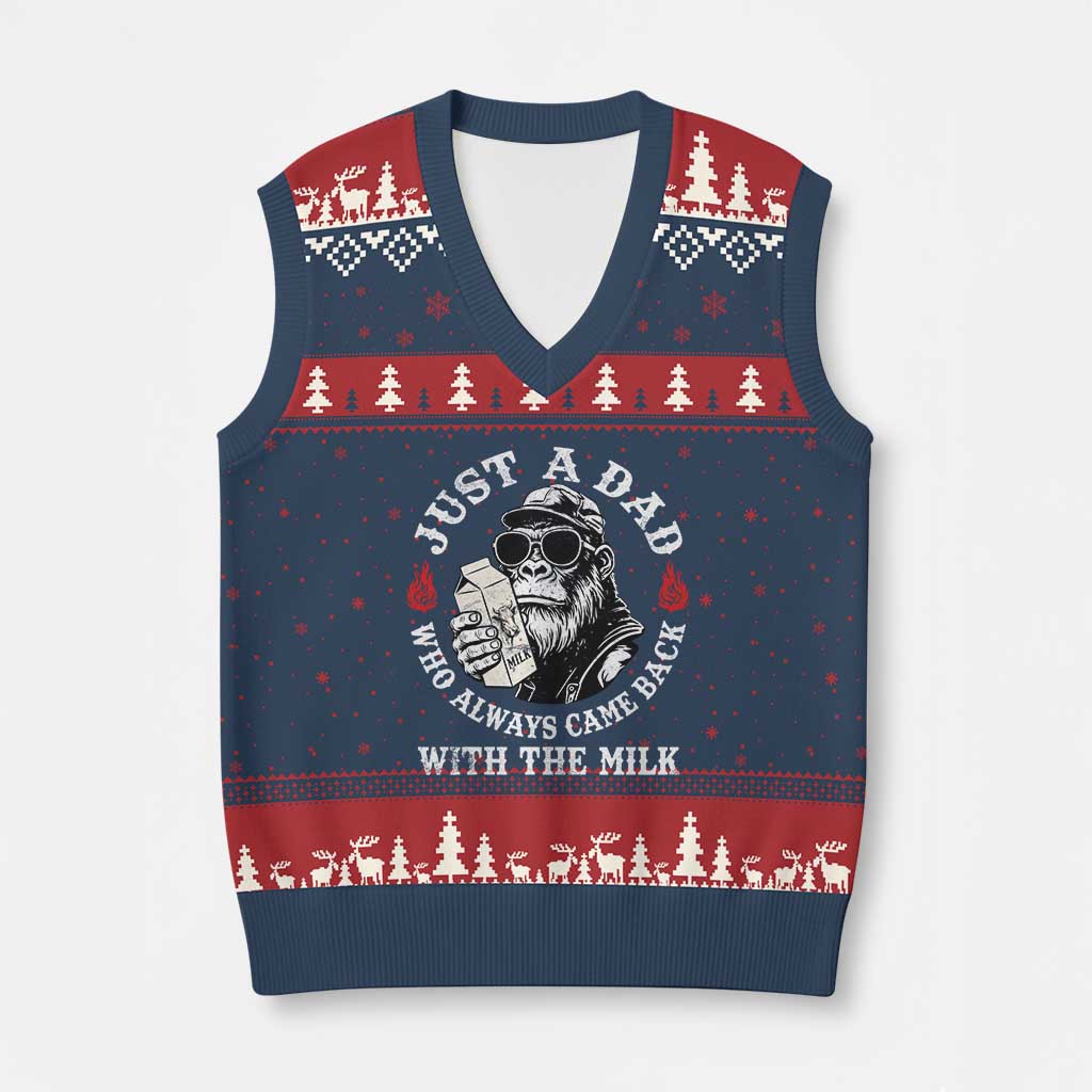 Just A Dad Who Always Came Back With The Milk Funny Bigfoot Father's Day V-Neck Knit Sweater Vest