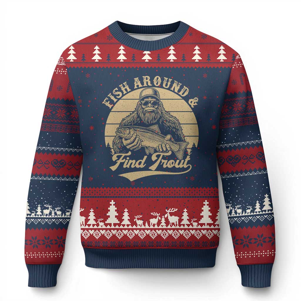 Fish Around And Find Trout Ugly Christmas Sweater Bigfoot Fishing