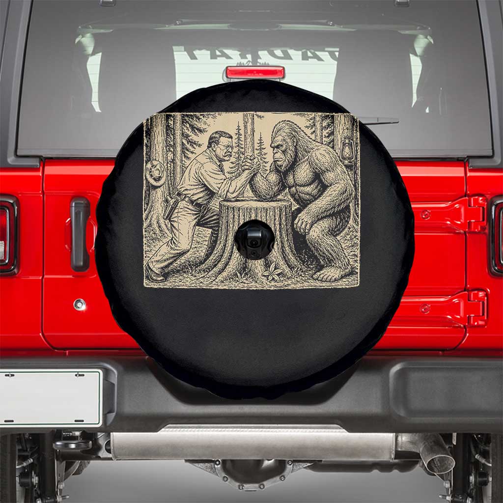 Theodore Roosevelt and Bigfoot Arm Wrestling Retro Spare Tire Cover