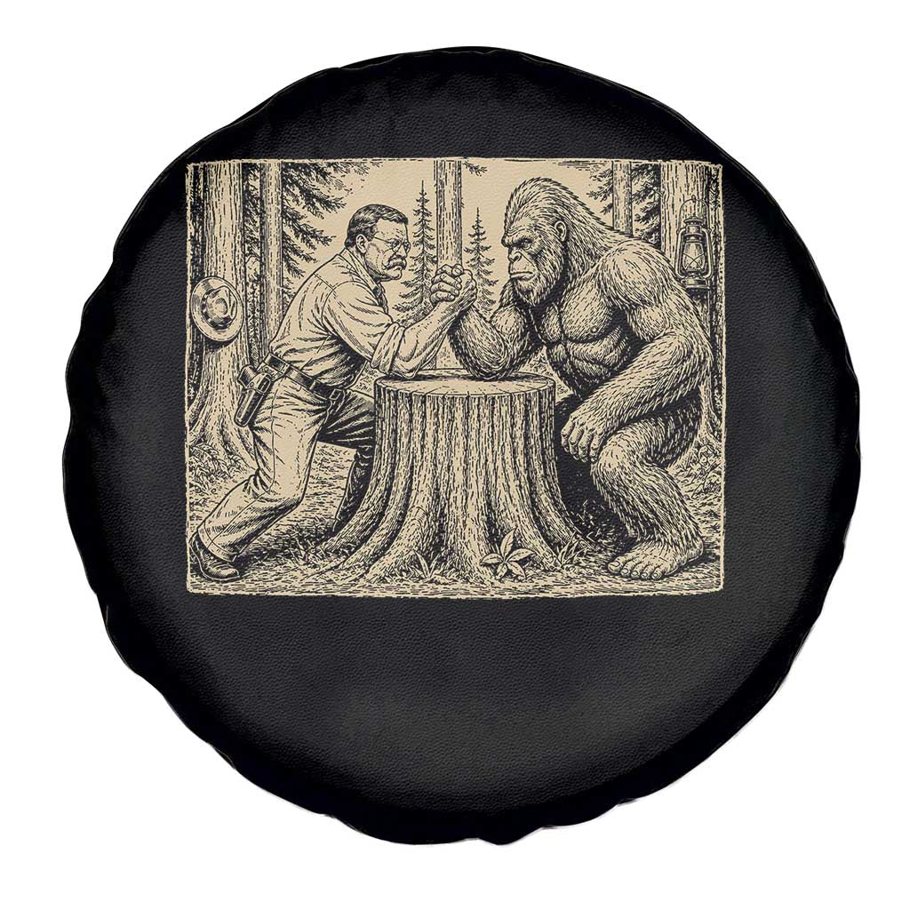 Theodore Roosevelt and Bigfoot Arm Wrestling Retro Spare Tire Cover