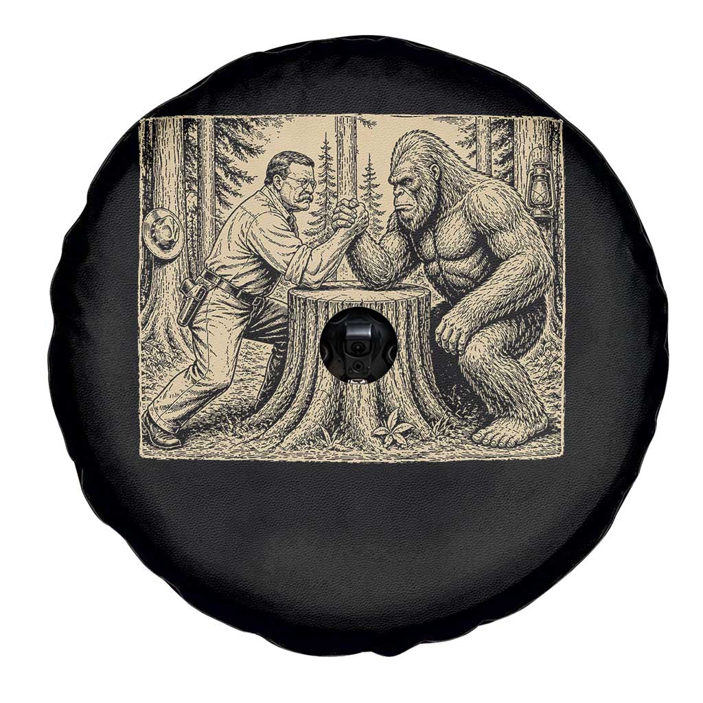 Theodore Roosevelt and Bigfoot Arm Wrestling Retro Spare Tire Cover