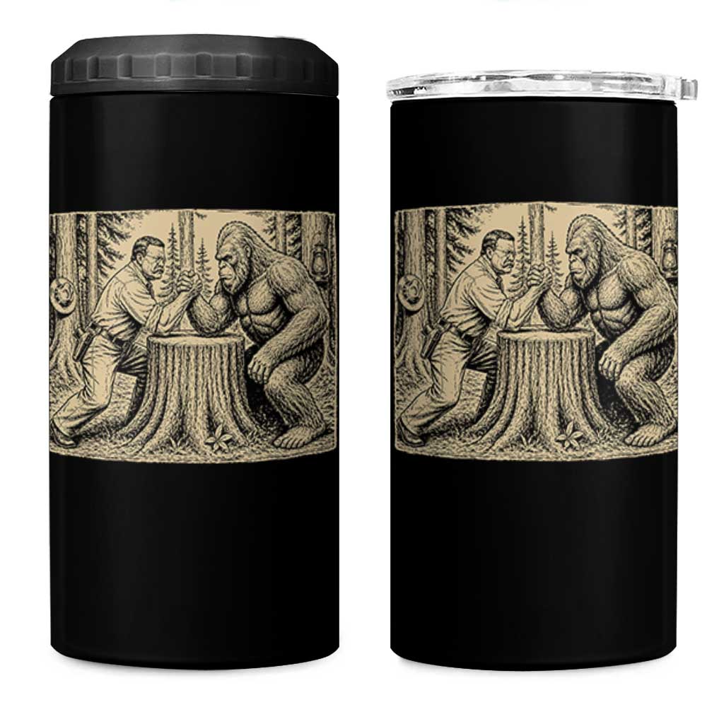 Theodore Roosevelt and Bigfoot Arm Wrestling Retro 4 in 1 Can Cooler Tumbler