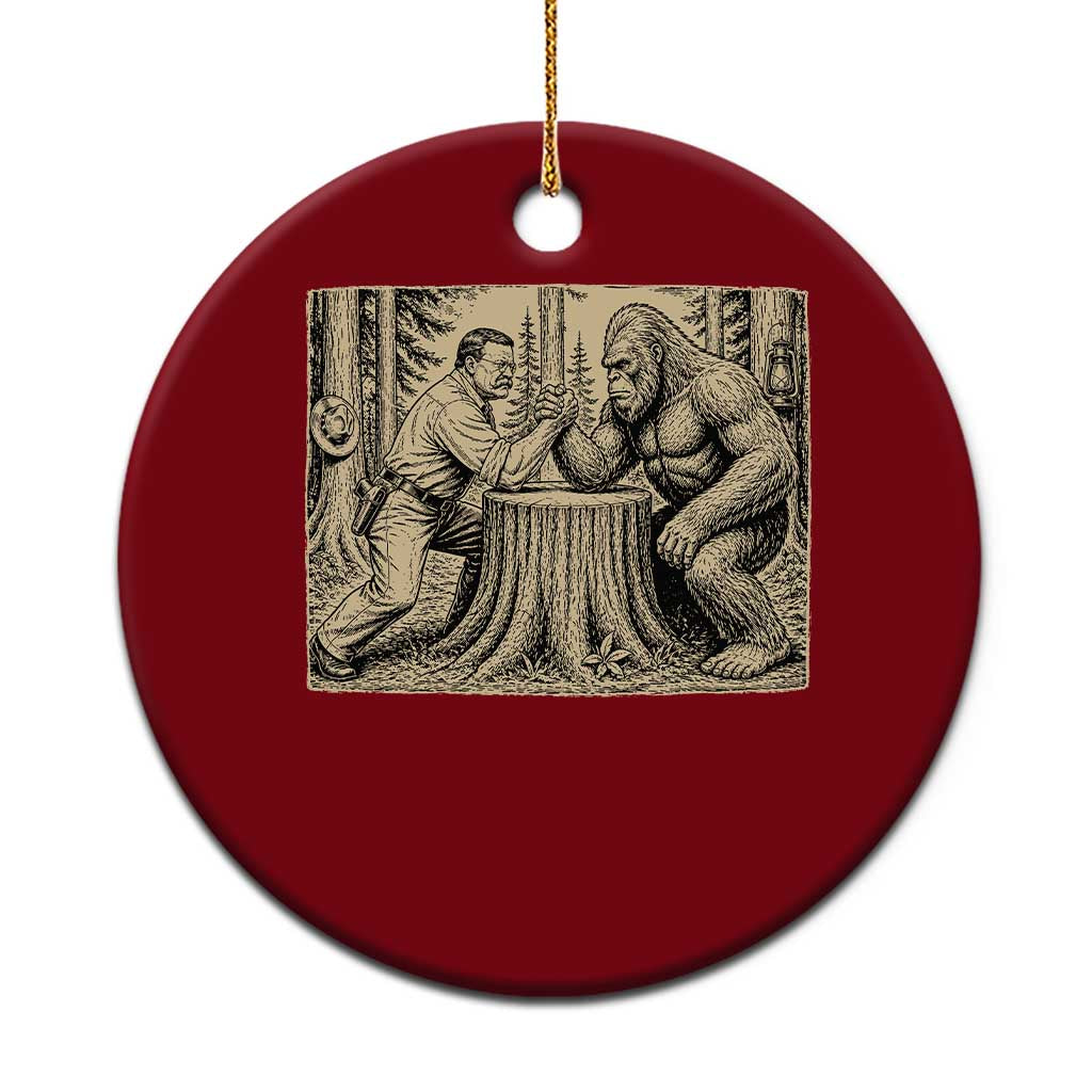Theodore Roosevelt and Bigfoot Arm Wrestling Retro Ceramic Ornament