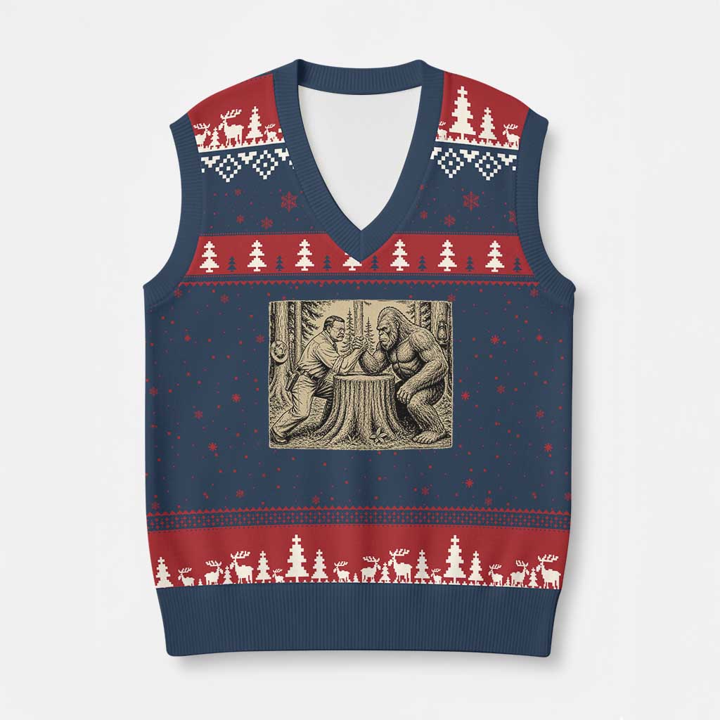 Theodore Roosevelt and Bigfoot Arm Wrestling Retro V-Neck Knit Sweater Vest