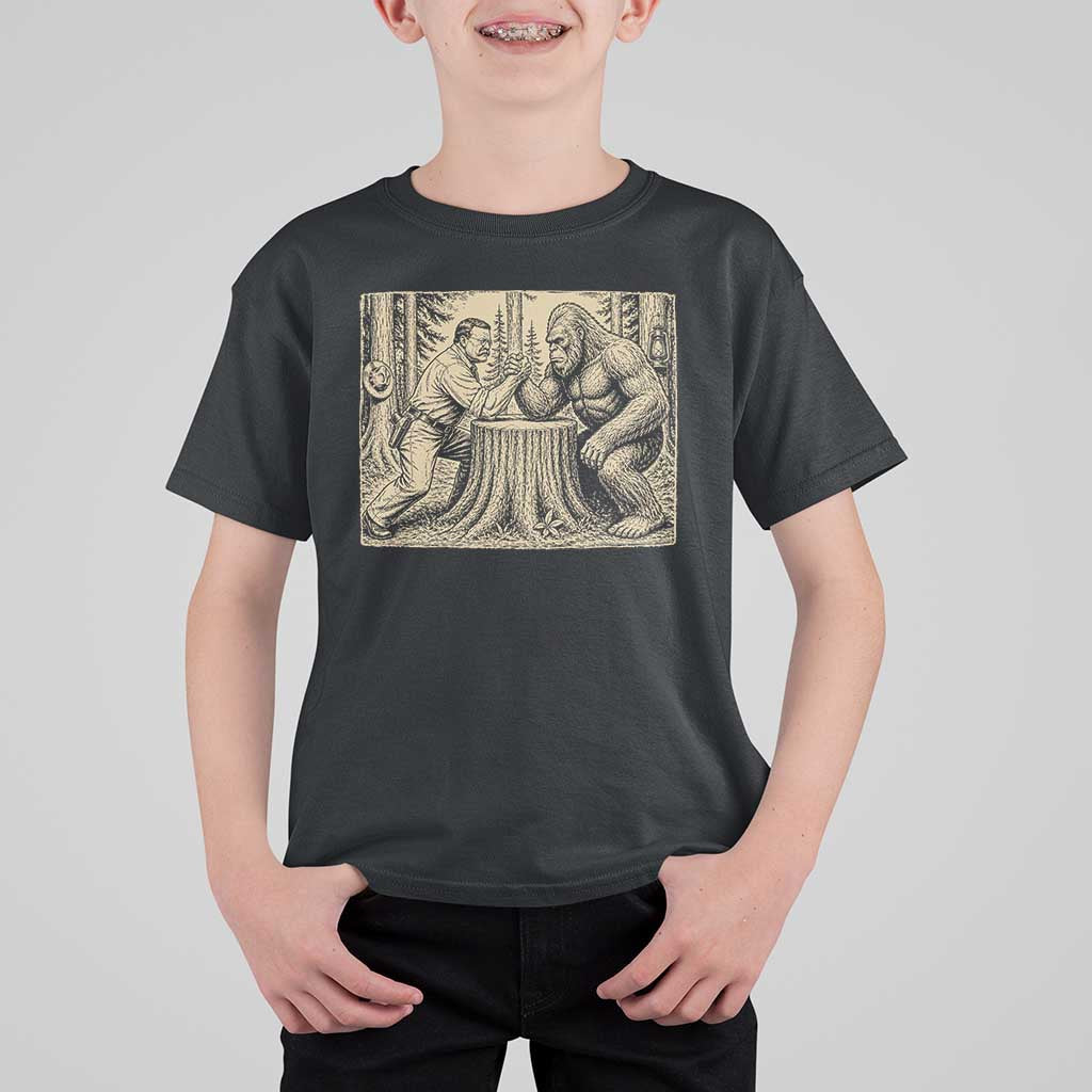 Theodore Roosevelt and Bigfoot Arm Wrestling Retro T Shirt For Kid