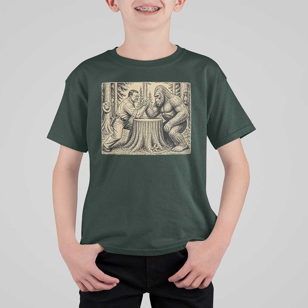 Theodore Roosevelt and Bigfoot Arm Wrestling Retro T Shirt For Kid