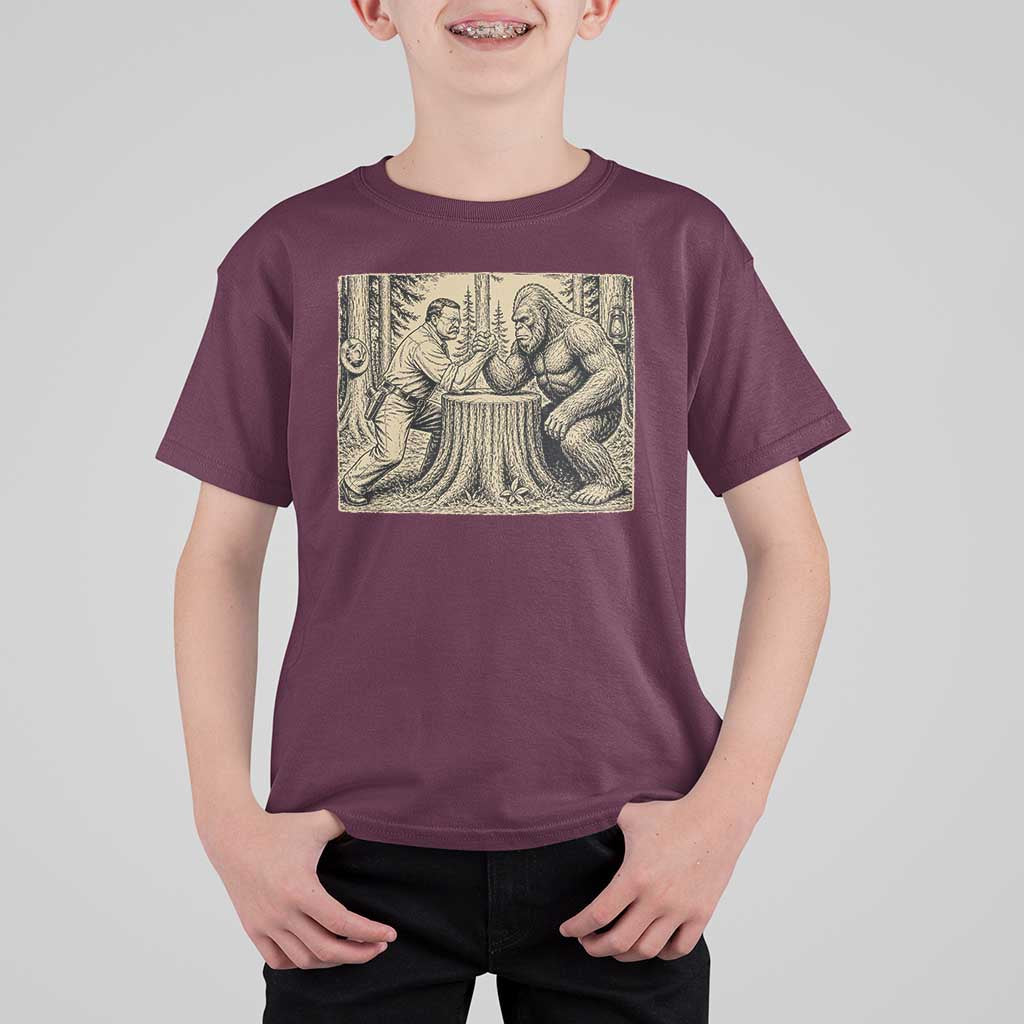 Theodore Roosevelt and Bigfoot Arm Wrestling Retro T Shirt For Kid