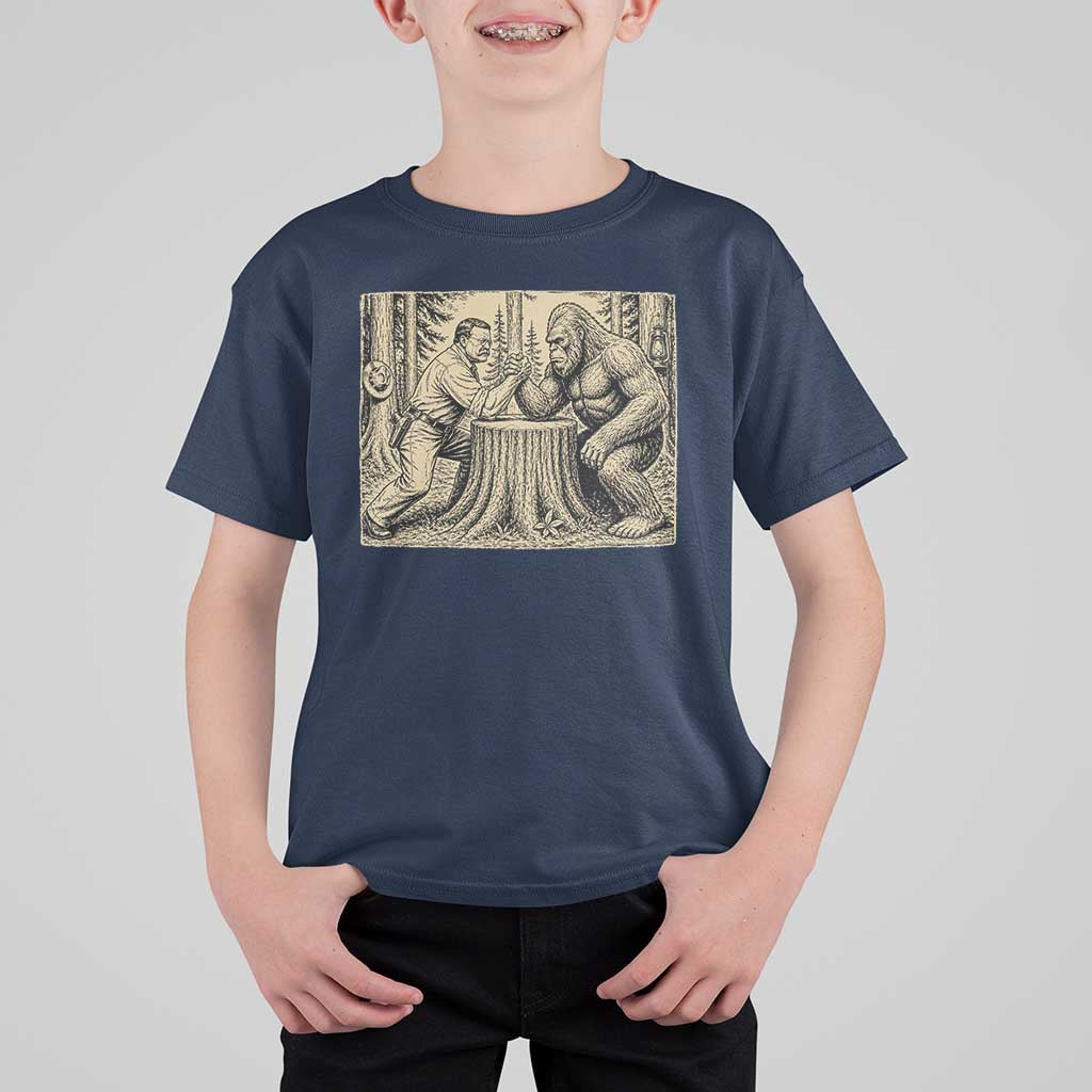 Theodore Roosevelt and Bigfoot Arm Wrestling Retro T Shirt For Kid