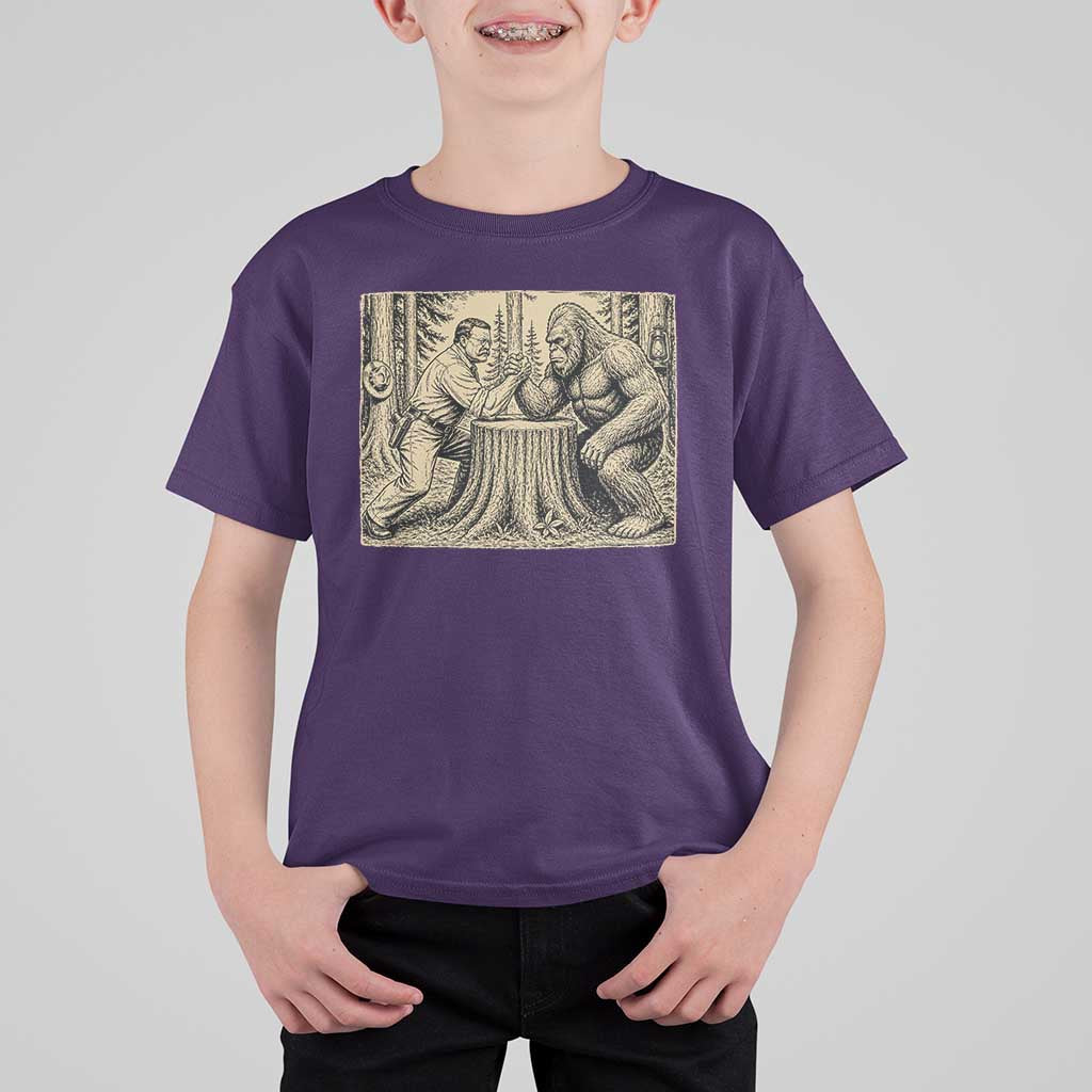Theodore Roosevelt and Bigfoot Arm Wrestling Retro T Shirt For Kid