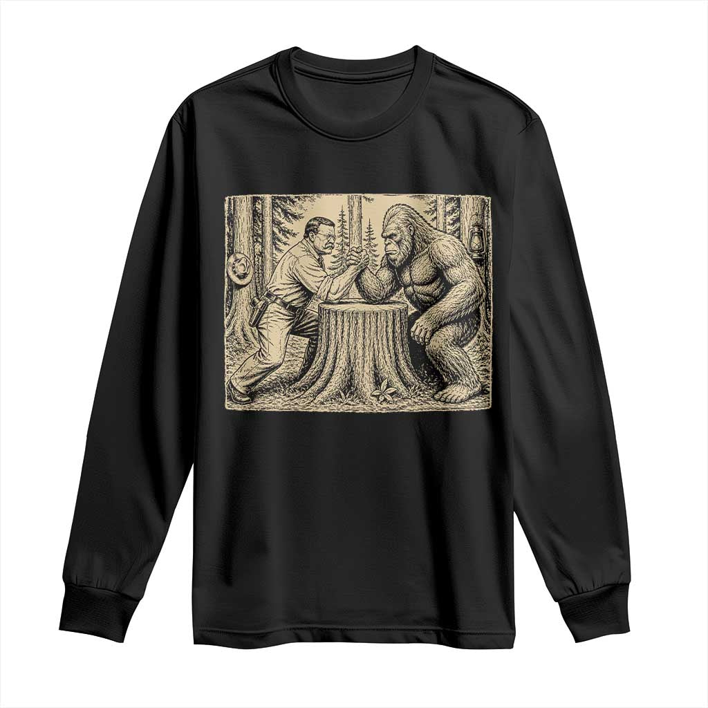 Theodore Roosevelt and Bigfoot Arm Wrestling Retro Long Sleeve Shirt