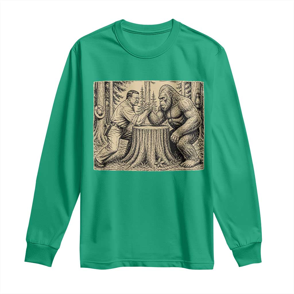 Theodore Roosevelt and Bigfoot Arm Wrestling Retro Long Sleeve Shirt