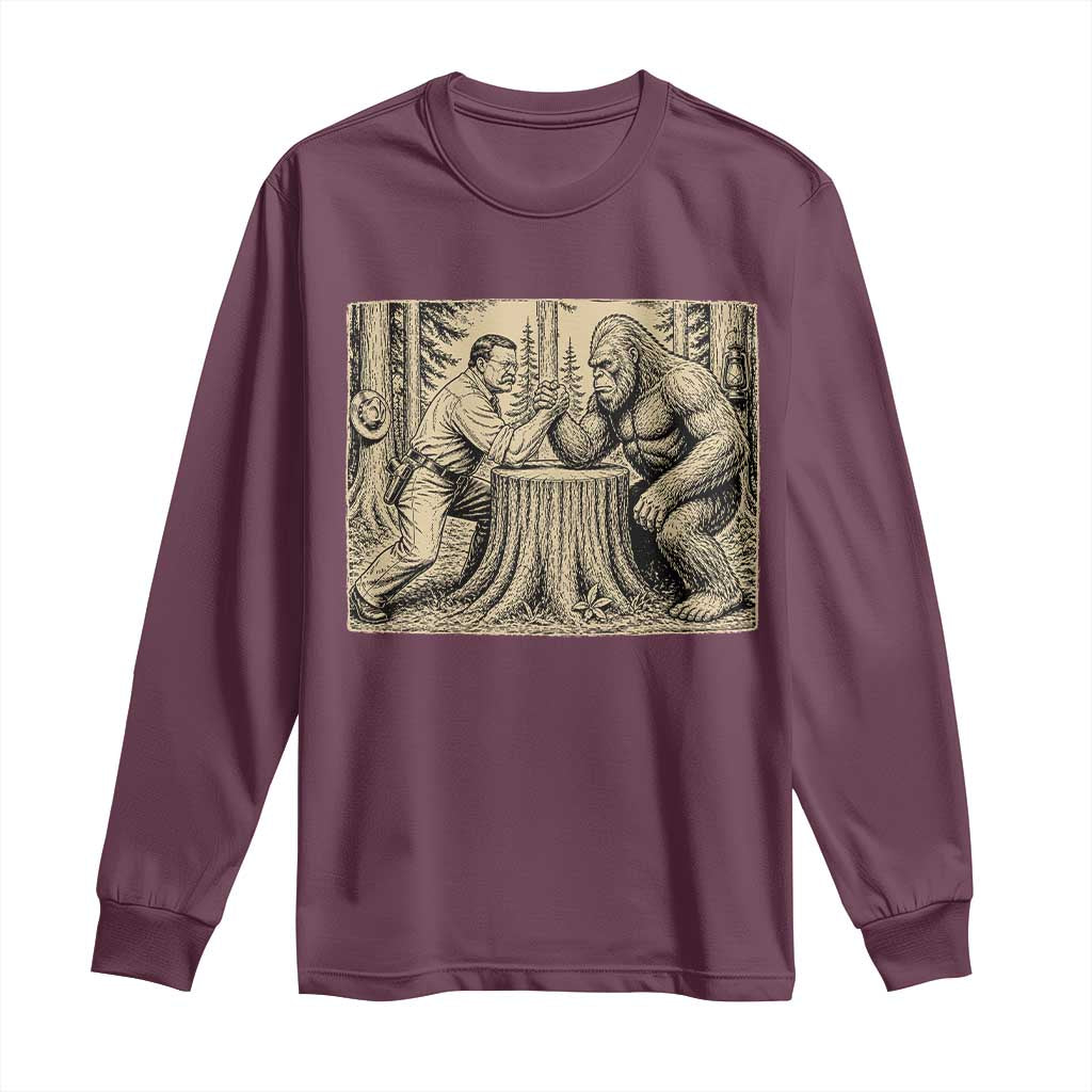 Theodore Roosevelt and Bigfoot Arm Wrestling Retro Long Sleeve Shirt