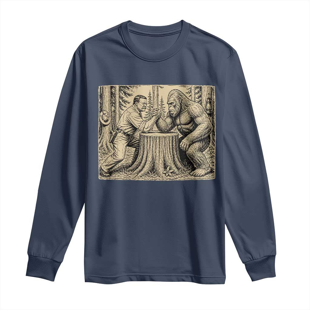 Theodore Roosevelt and Bigfoot Arm Wrestling Retro Long Sleeve Shirt