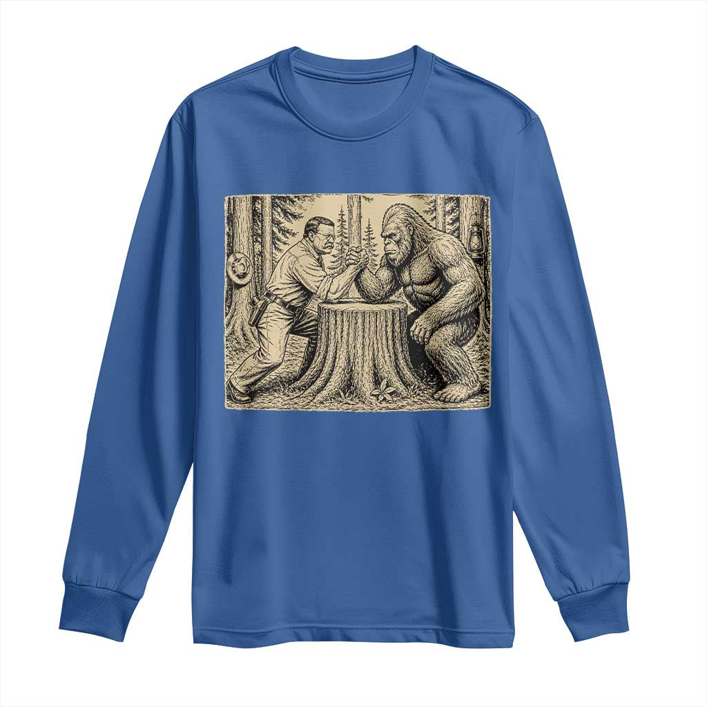 Theodore Roosevelt and Bigfoot Arm Wrestling Retro Long Sleeve Shirt